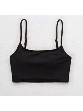 AERIE Scoop Neck Longline Bikini Top Sz S True Black Padded Seamless Swimwear